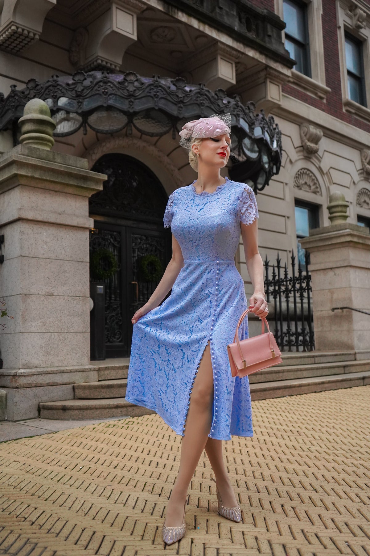Abigail lace- baby blue lace dress with pearl buttons - heartmycloset