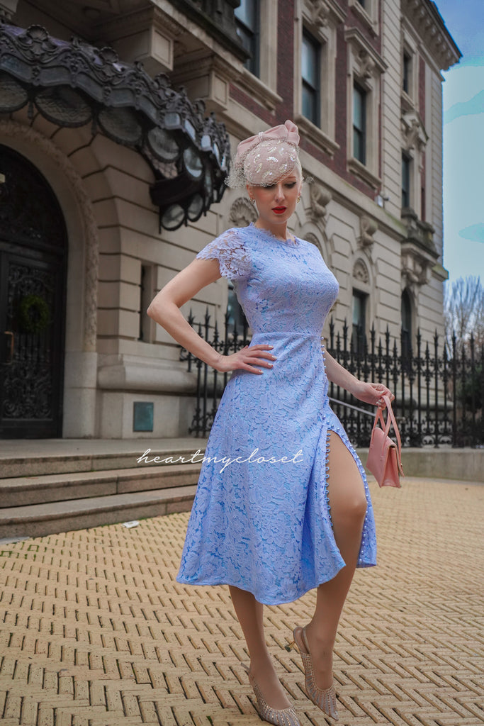 Abigail lace- baby blue lace dress with pearl buttons