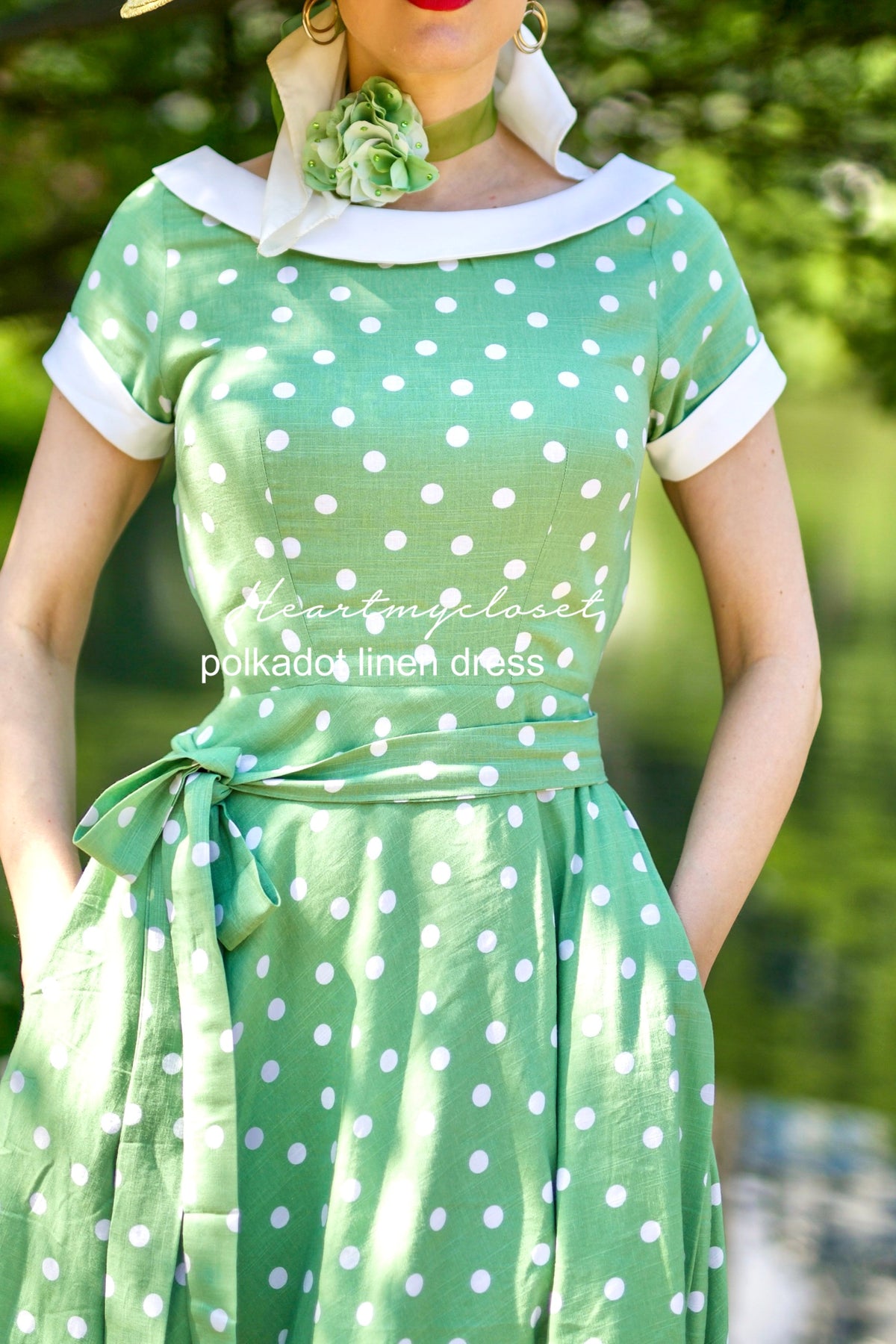 Polkadot green linen swing dress 1950s inspired - heartmycloset
