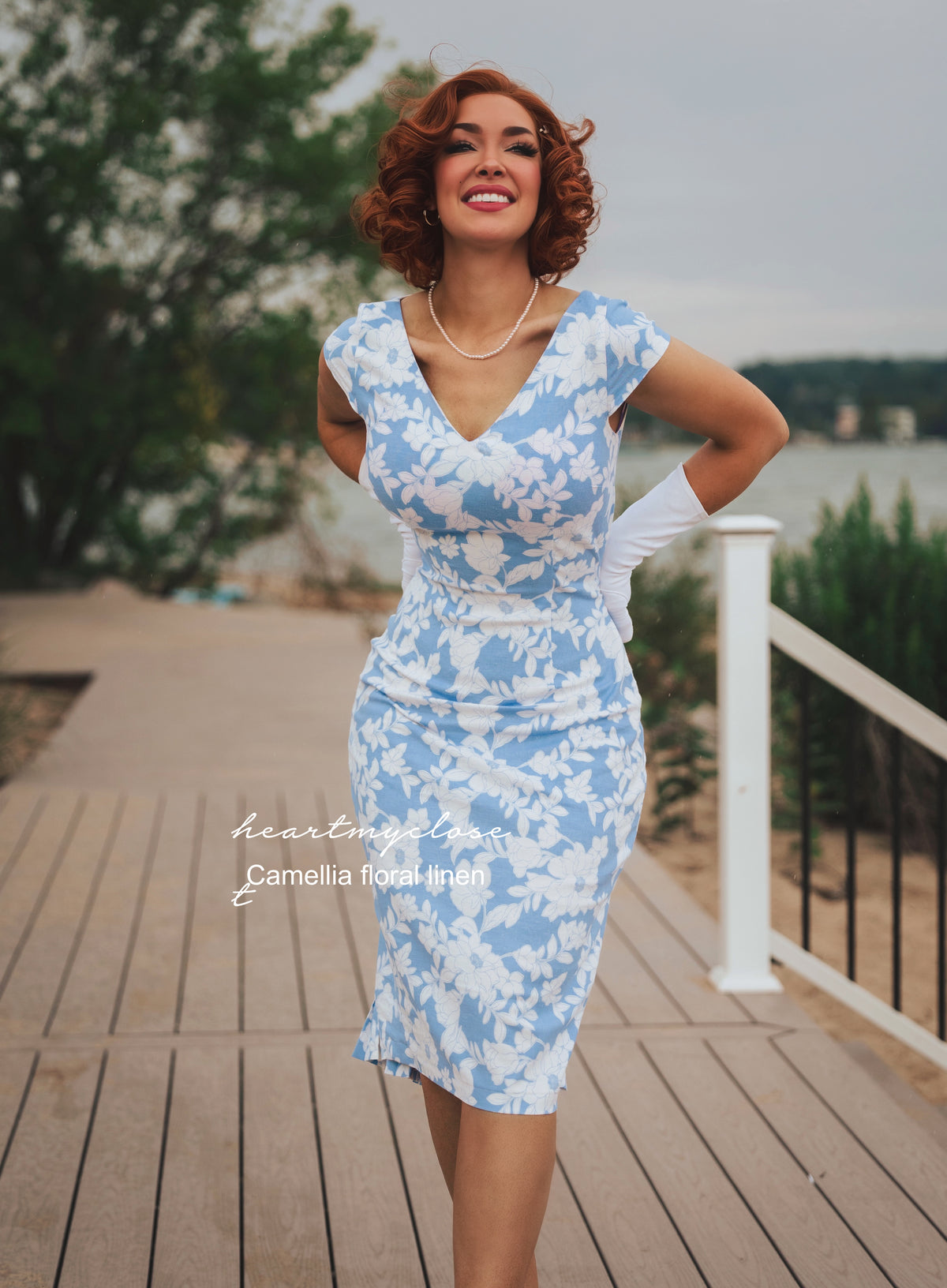 Camellia linen floral - pleated back pencil dress - heartmycloset