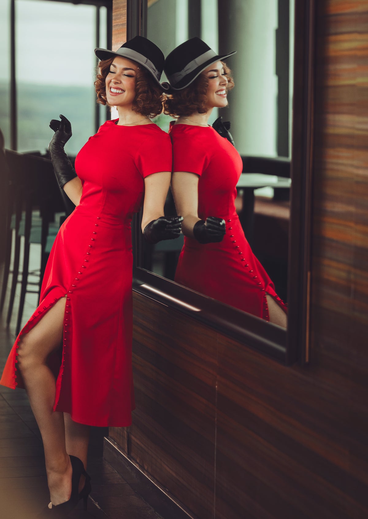 Abigail- red Aline dress with pearl buttons - heartmycloset