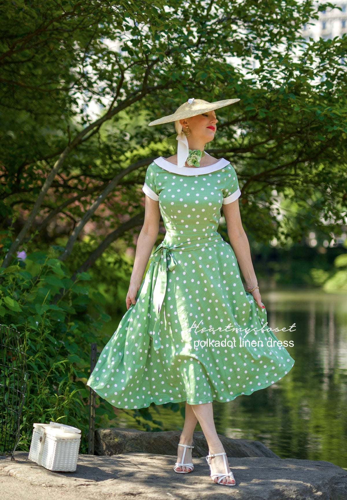 Polkadot green linen swing dress 1950s inspired - heartmycloset