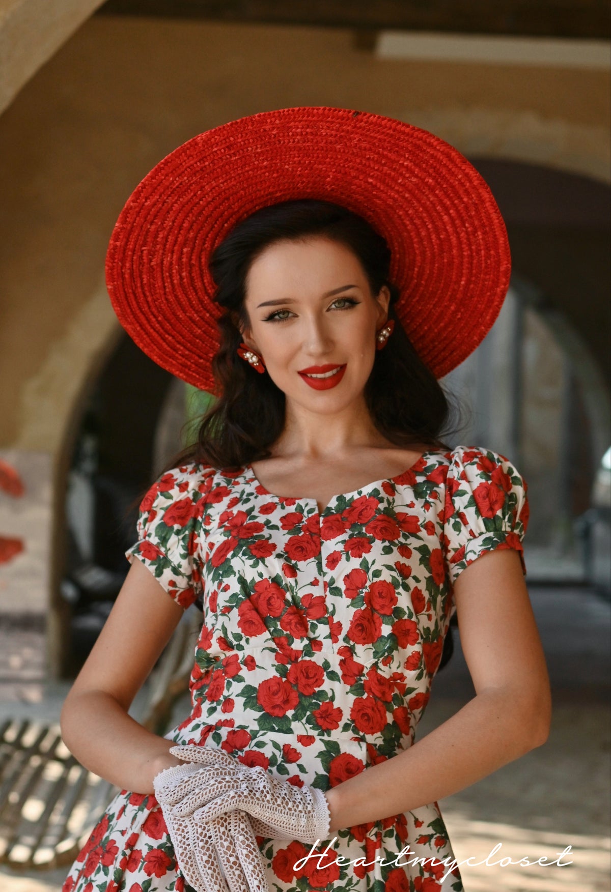 Annabelle cotton dress- red floral swing dress 1950s inspired - heartmycloset
