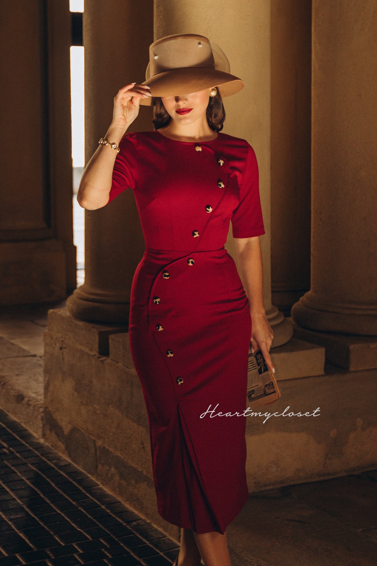 Celine- 1950s pencil dress with leopard velvet buttons - heartmycloset