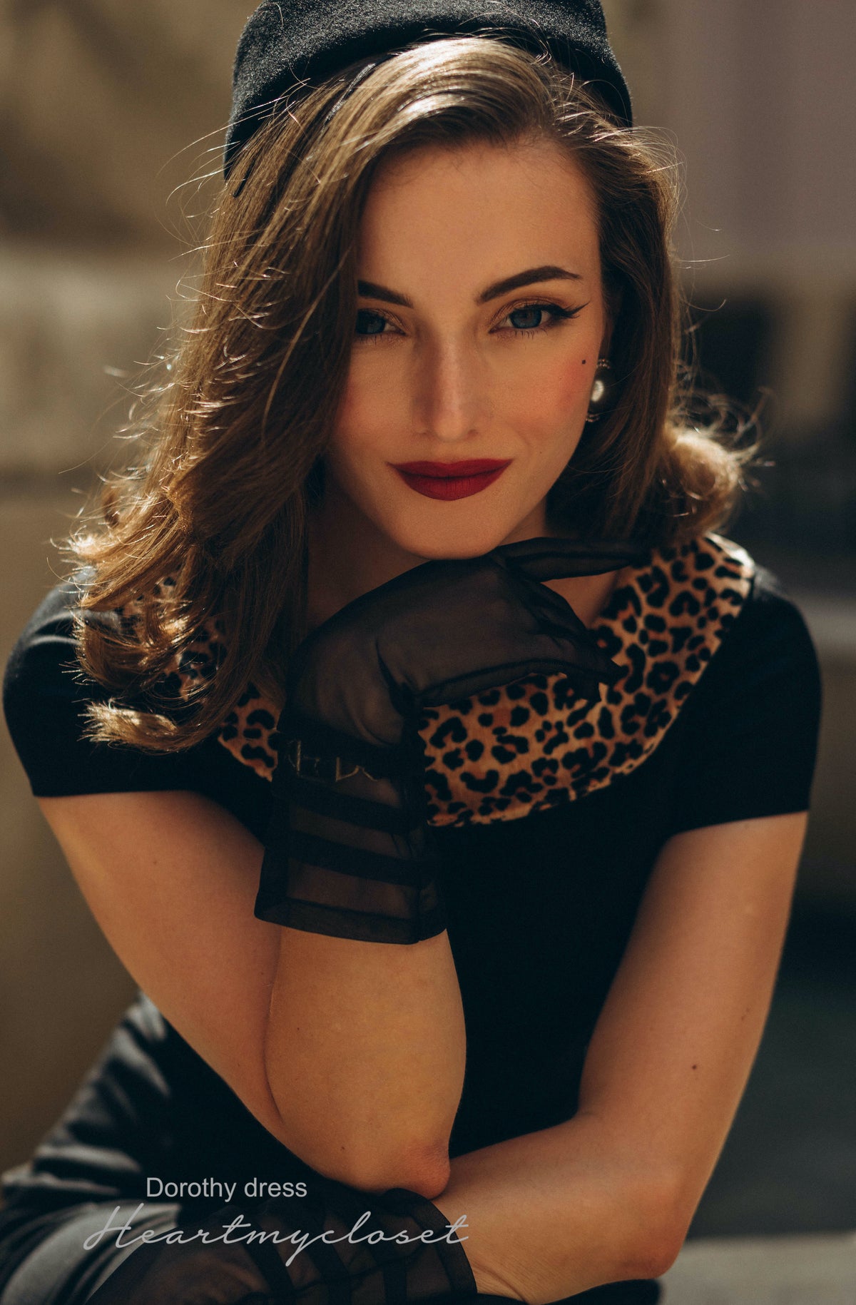 Dorothy with leopard trim- retro vintage pencil dress bow back - heartmycloset