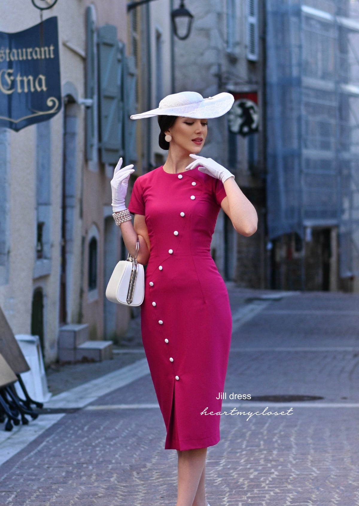 JILL- 1950s pencil dress with contrast trim & buttons - heartmycloset