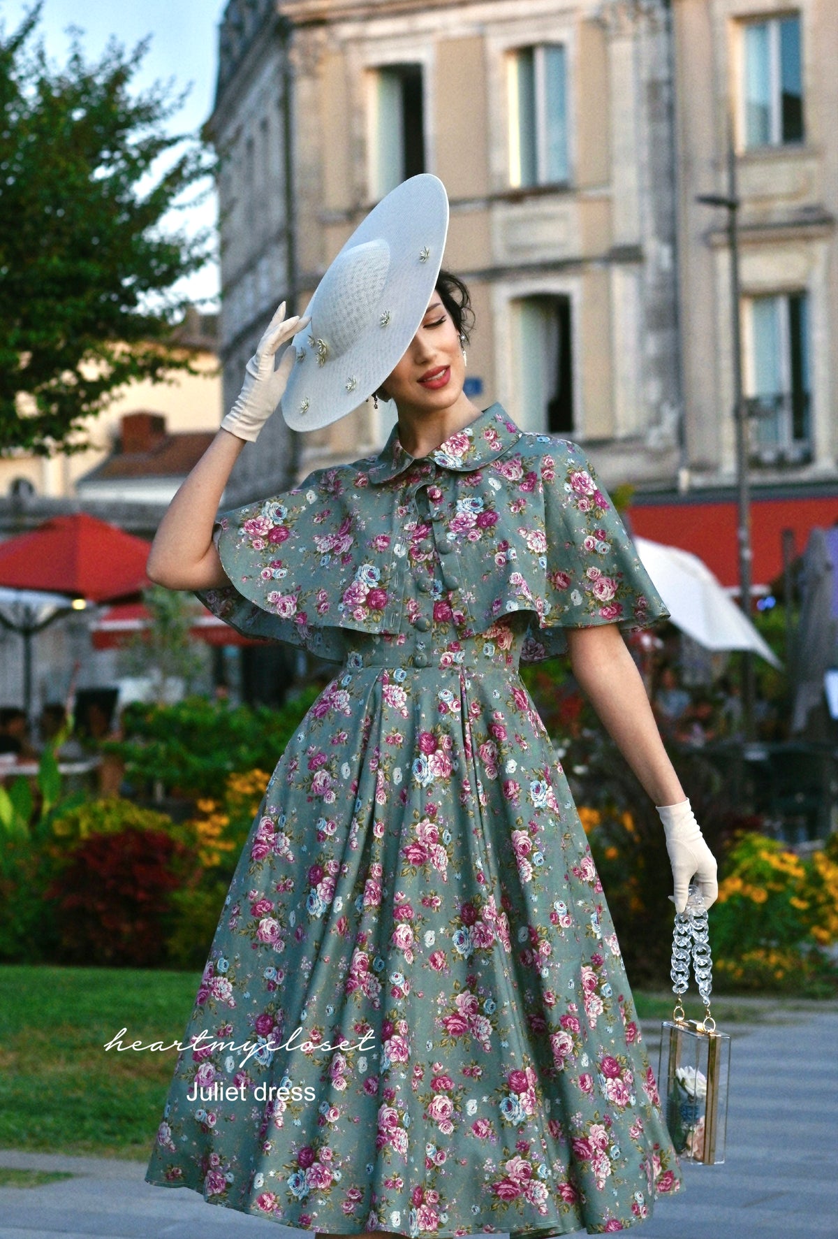 Juliet floral cotton dress- pleated swing dress with removable cape - heartmycloset