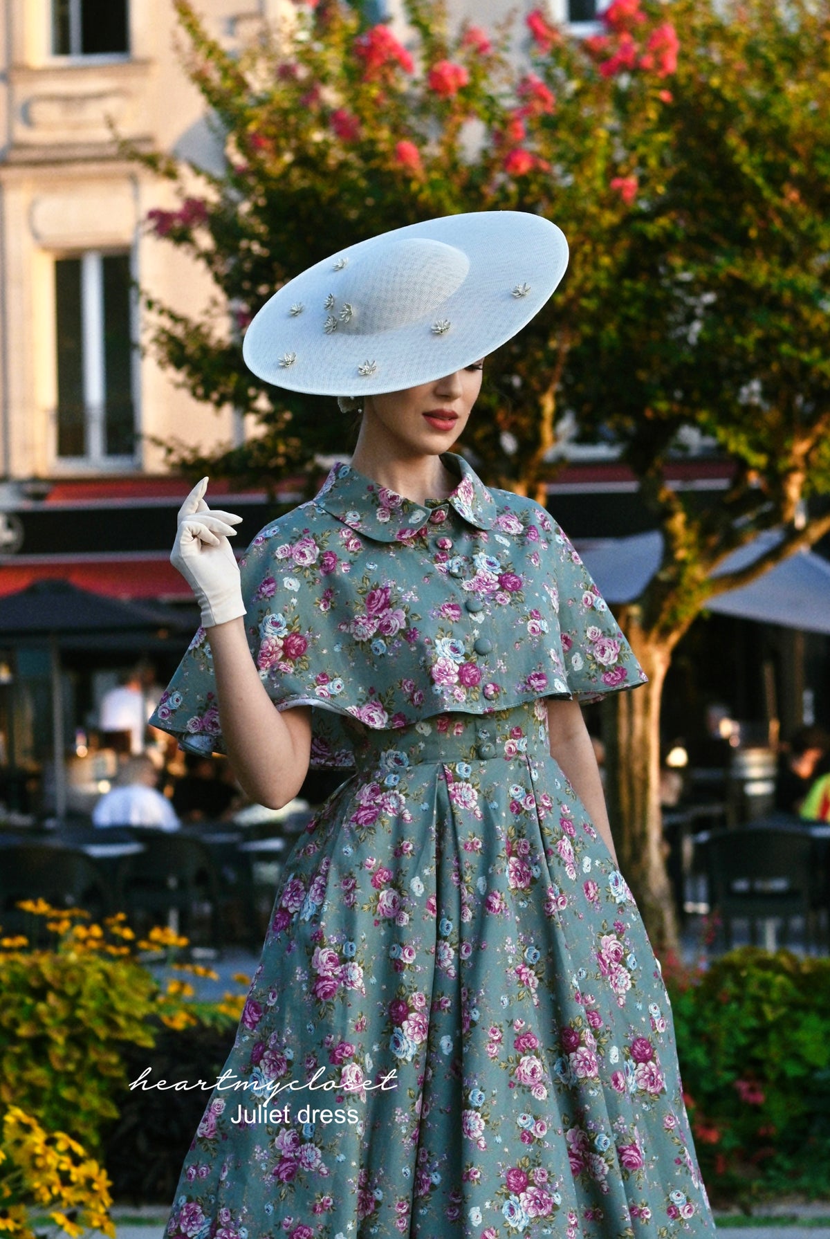 Juliet floral cotton dress- pleated swing dress with removable cape - heartmycloset