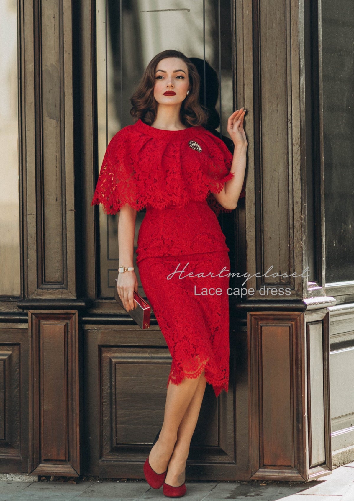 Red Lace Cape + dress - 50s 60s lace pencil dress with matching cape - heartmycloset
