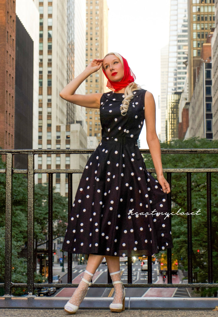 Black 50s Style Polka Dot Dress Polkadot Swing Dress 1950s