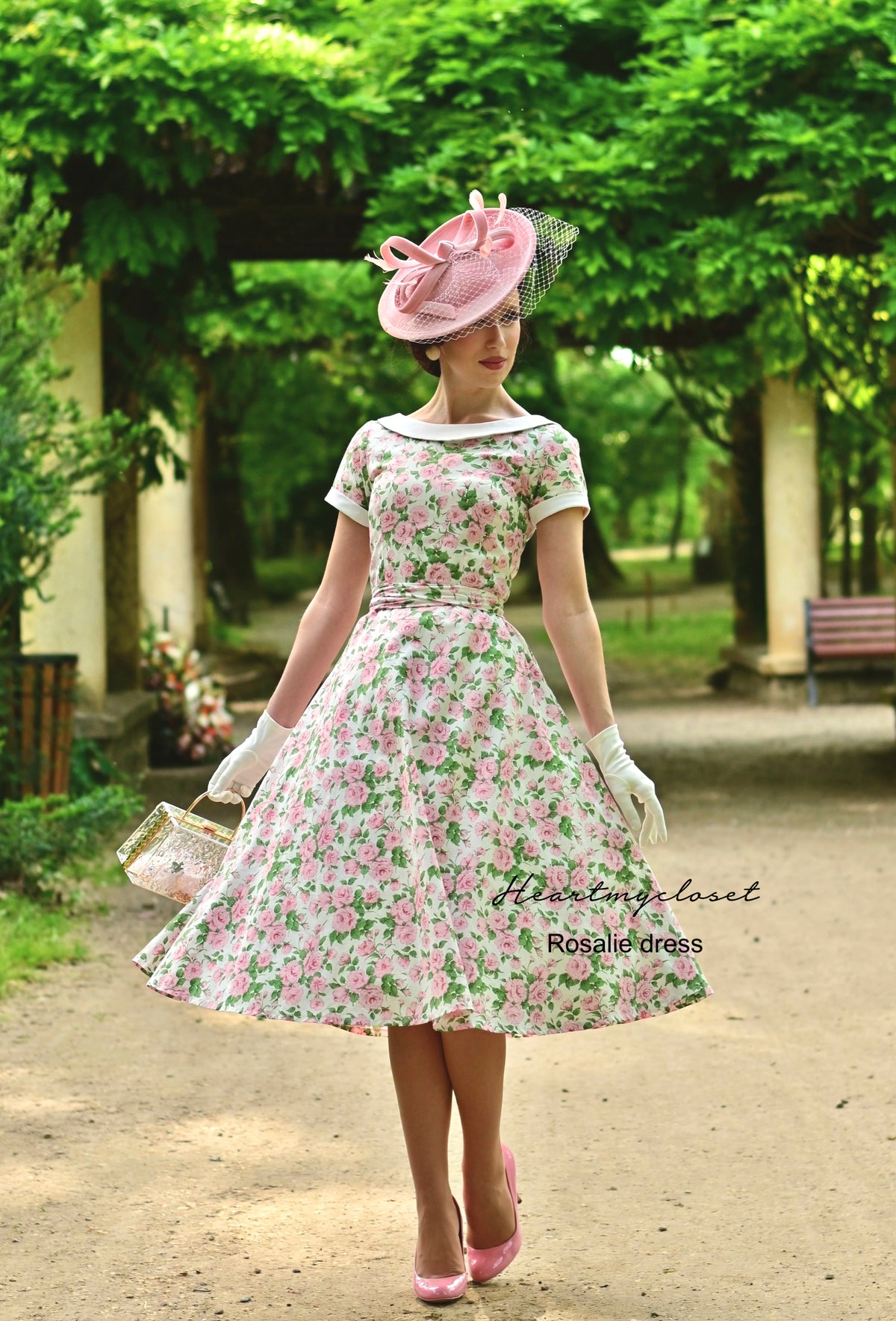 Rosalie - pink floral cotton swing dress 1950s inspired - heartmycloset