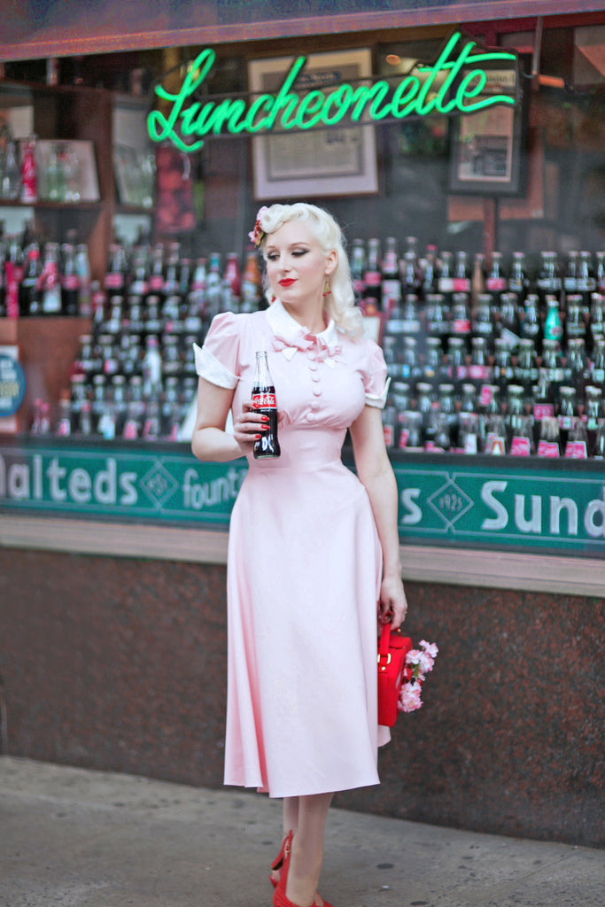 pink dress with white bow Cecil - Pink 1950s Dress with White Lace