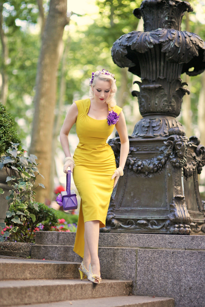 stunning yellow - pencil dress with sash - heartmycloset