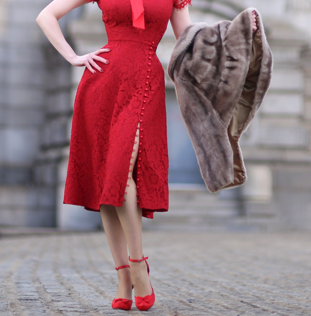 Abigail-2 - red lace dress with pearl buttons - heartmycloset