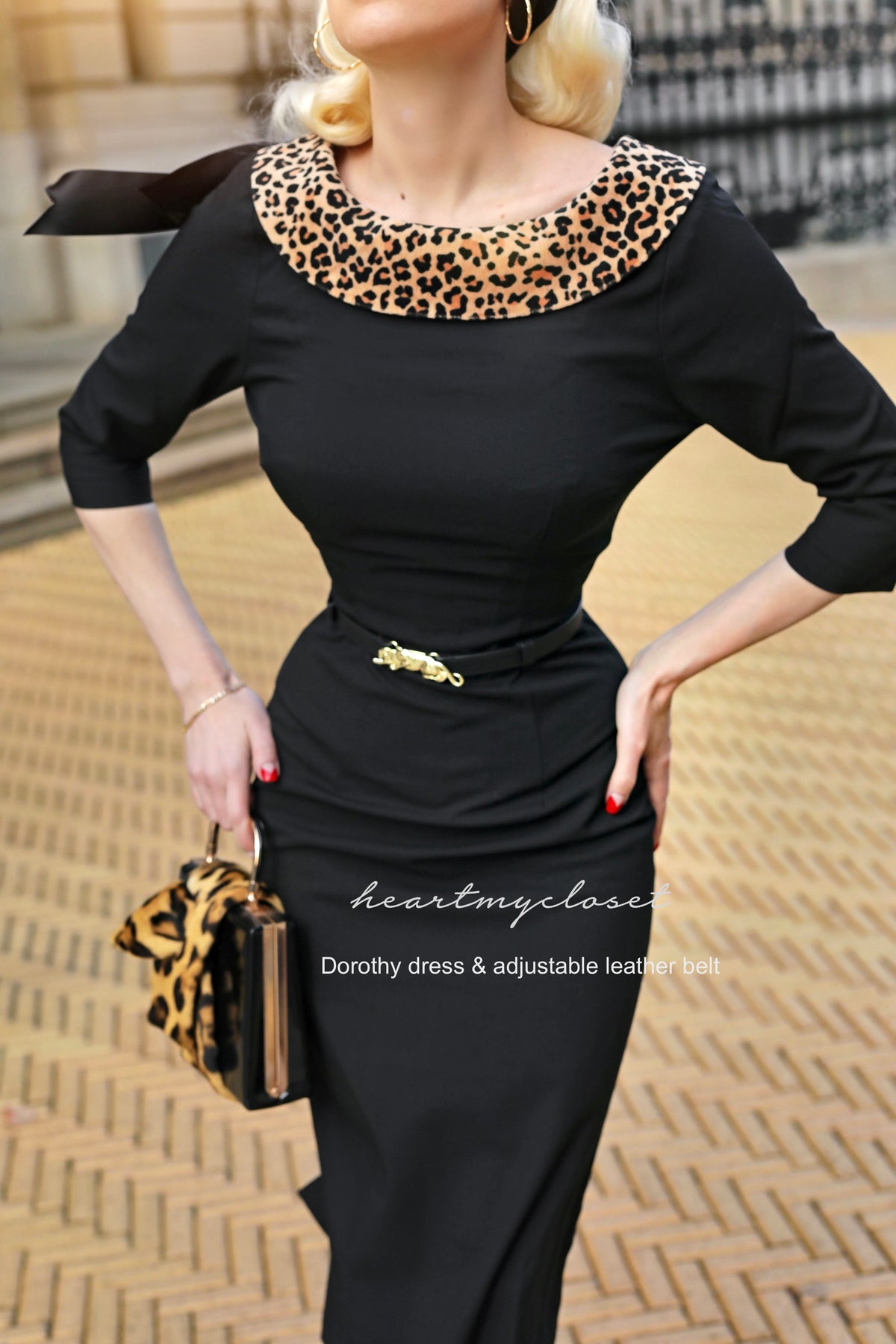 Dorothy leopard trim WITH BELT - retro vintage pencil dress bow back - heartmycloset