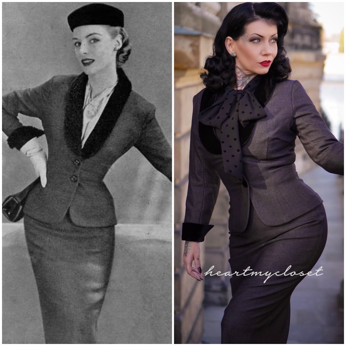 Jane - 50s vintage suit velvet neckline V neck - heartmycloset