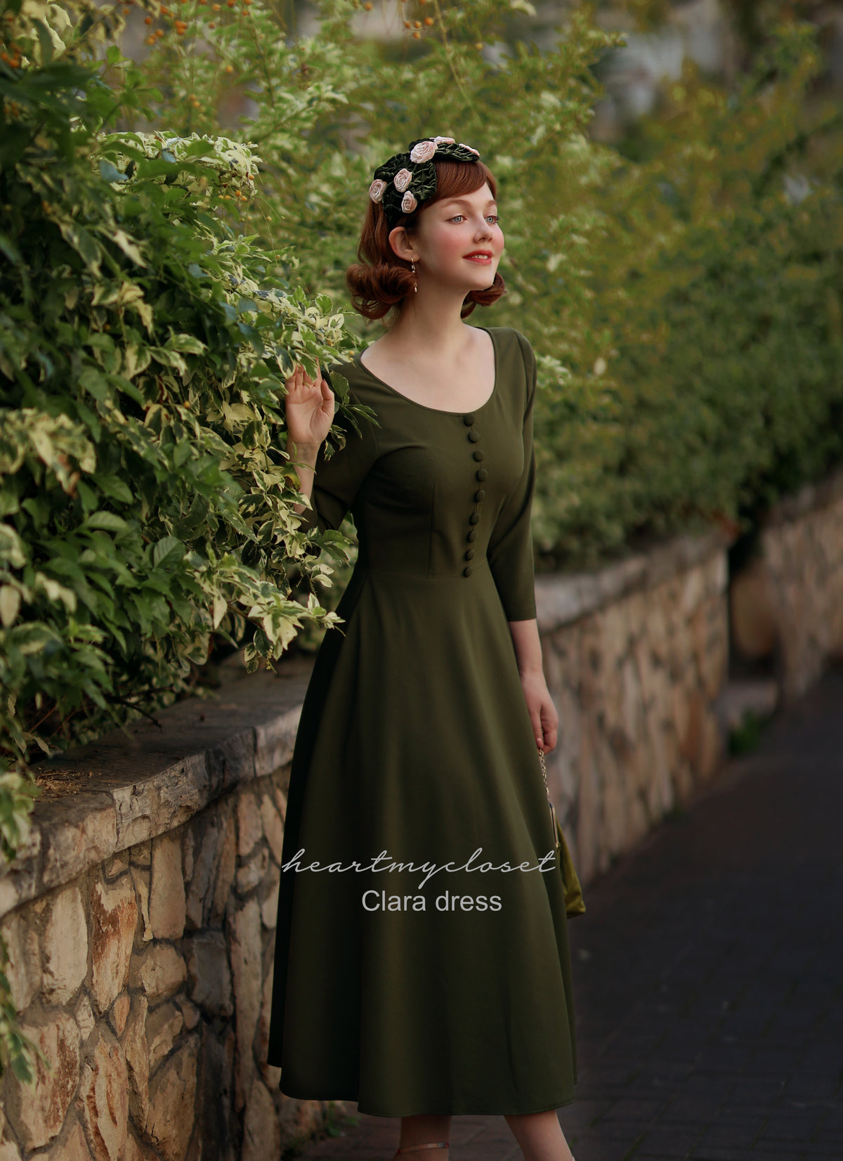 Clara - olive vintage swing dress 50s inspired - heartmycloset