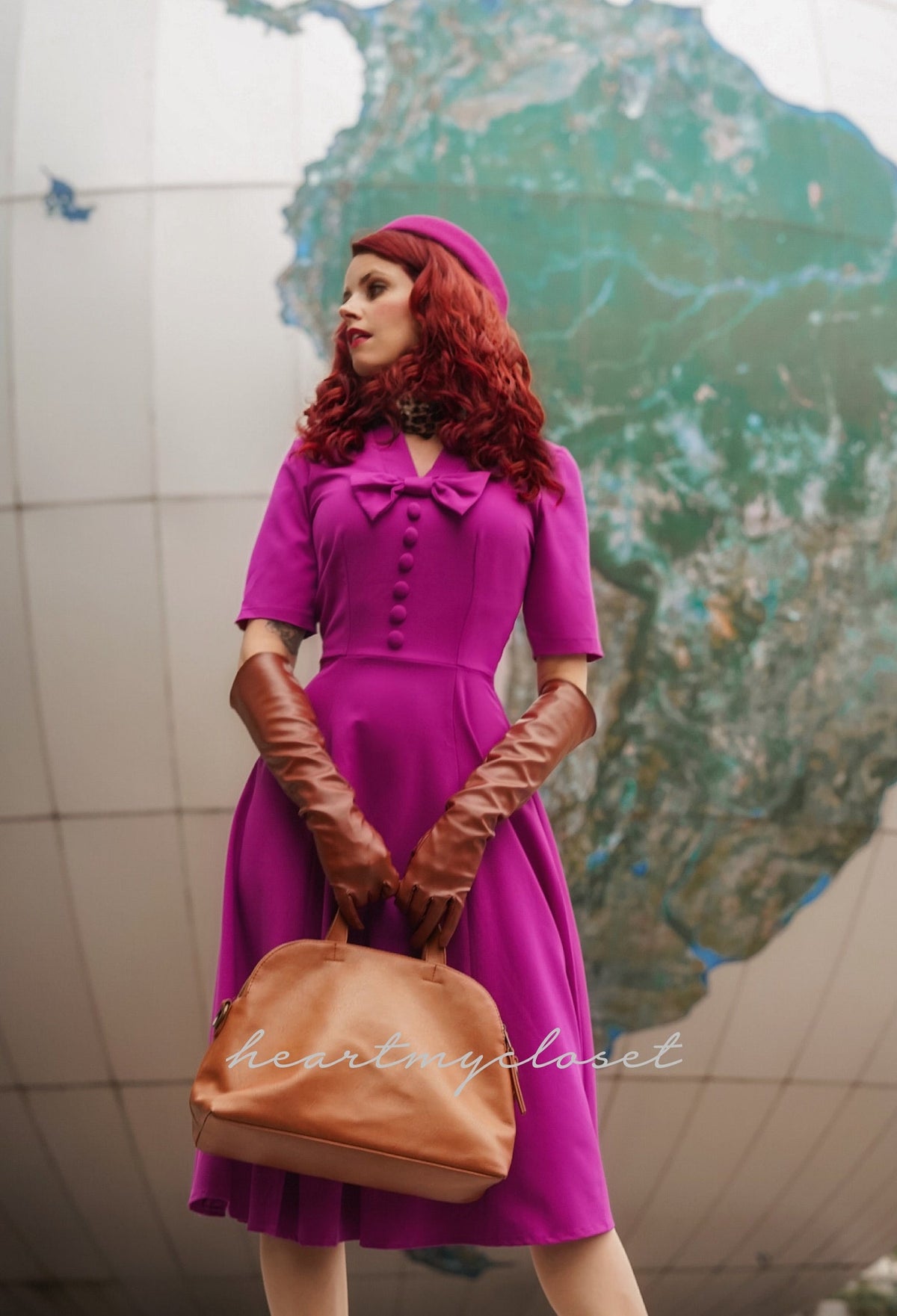 Selena - long sleeve Aline retro dress V neck - heartmycloset