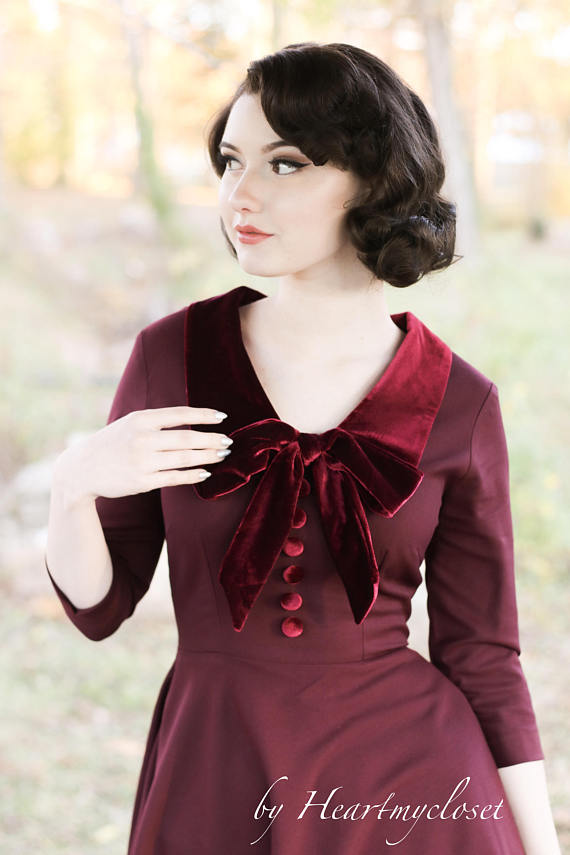 velvet trim burgundy dress - vintage inspired 50s - heartmycloset