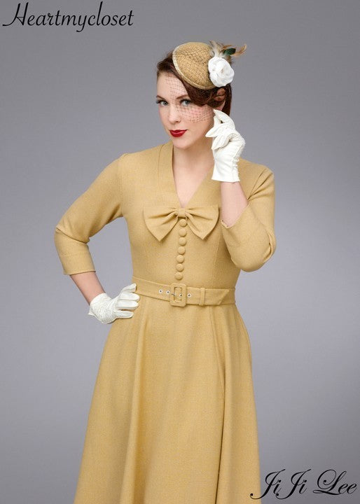 Selena - long sleeve Aline retro dress V neck - heartmycloset