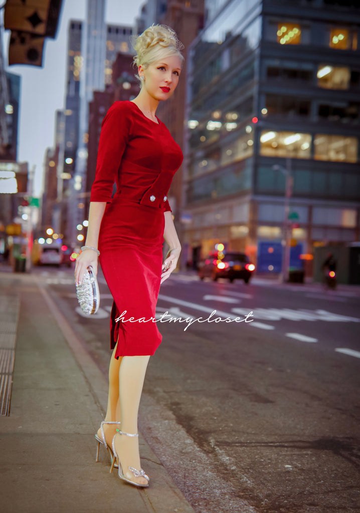 VELVET Pleated front dress - 1940s 1950s vintage wiggle dress