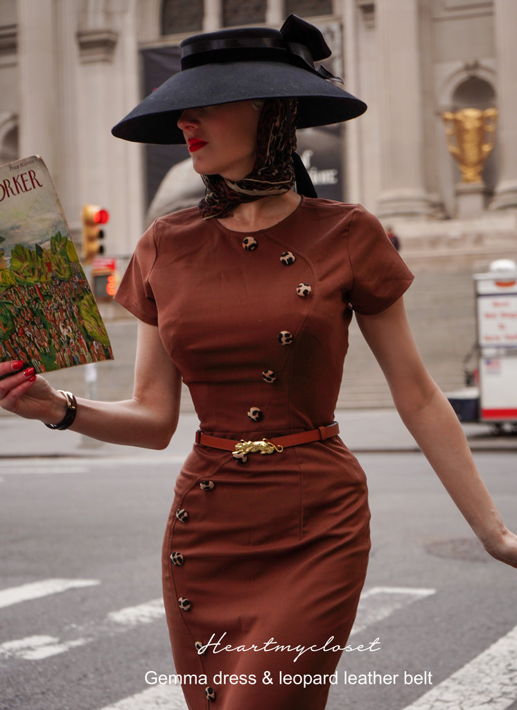 Gemma dress with leopard velvet and belt - retro vintage pencil