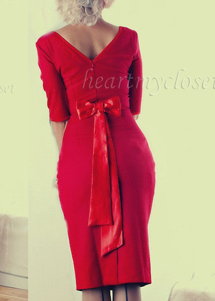 Mad Men's Vintage Red Pencil Dress Satin Trim Bow l HeartMyCloset – heartmycloset