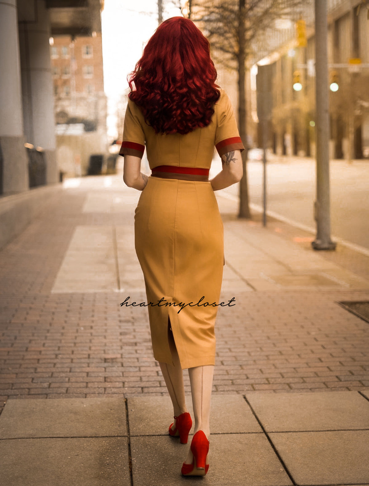 Megan - mustard pencil wiggle dress with trim - heartmycloset