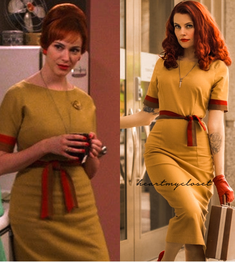 Megan - mustard pencil wiggle dress with trim - heartmycloset