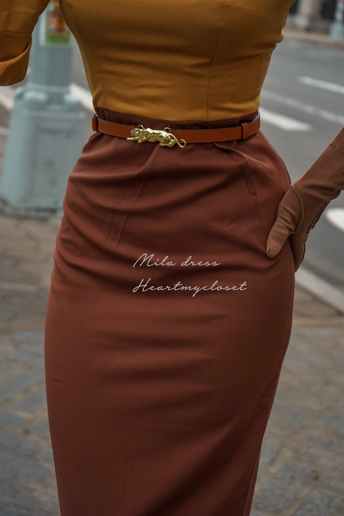 2 tone Mila - wiggle pencil dress with pleated puff sleeves