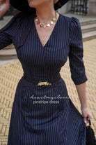 Pinstripe long sleeve Aline dress with belt - heartmycloset