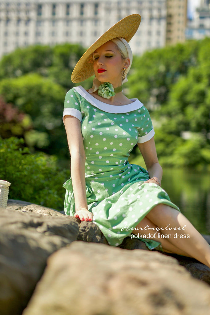 Polkadot green linen swing dress 1950s inspired