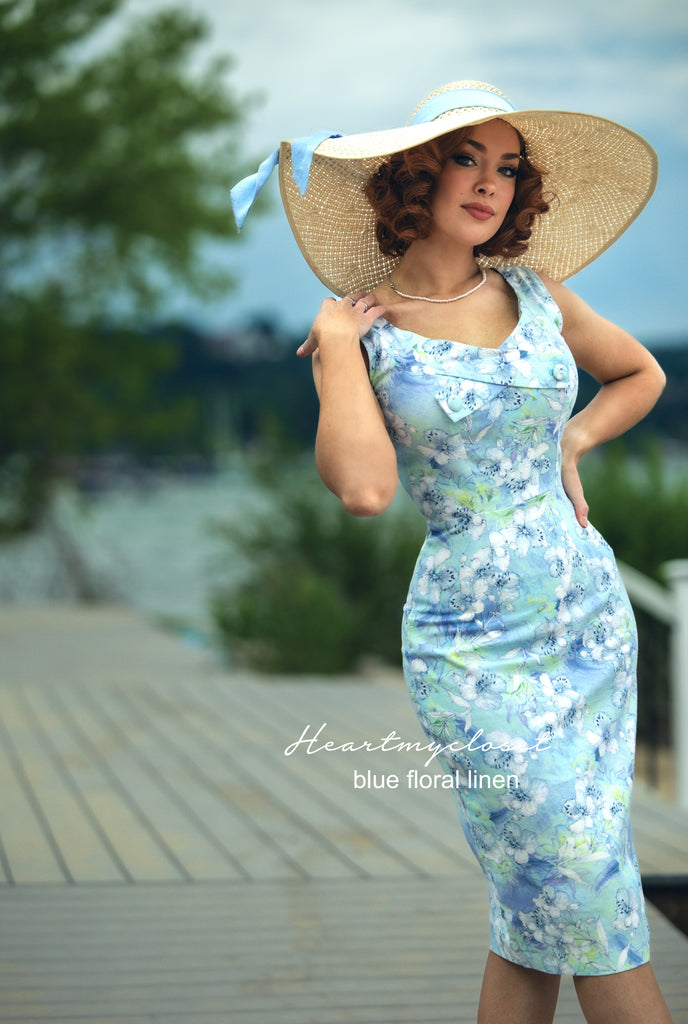 Sandra - blue floral linen 1950s pencil dress with matching cape