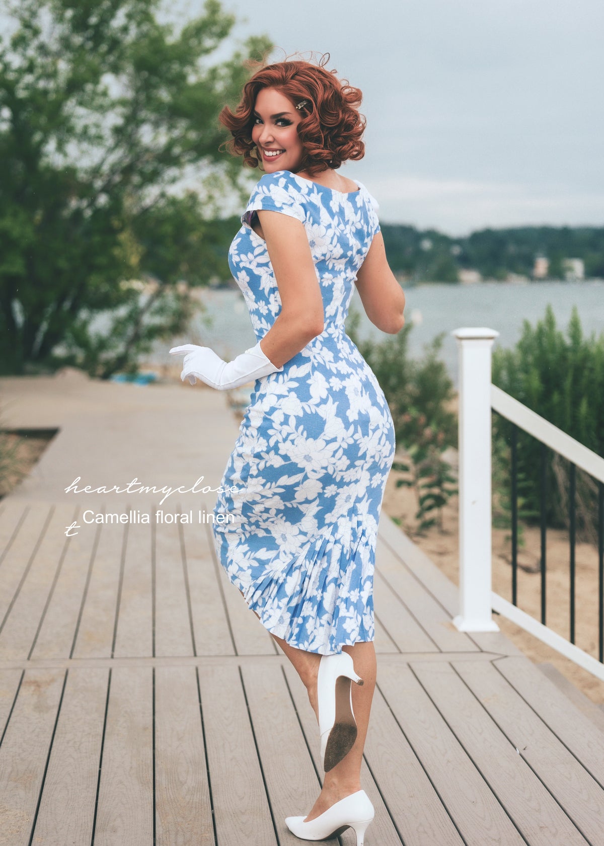 Camellia linen floral - pleated back pencil dress - heartmycloset