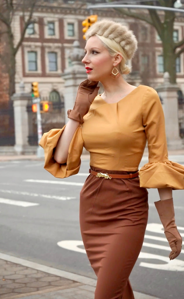 2 tone Mila - wiggle pencil dress with pleated puff sleeves - heartmycloset