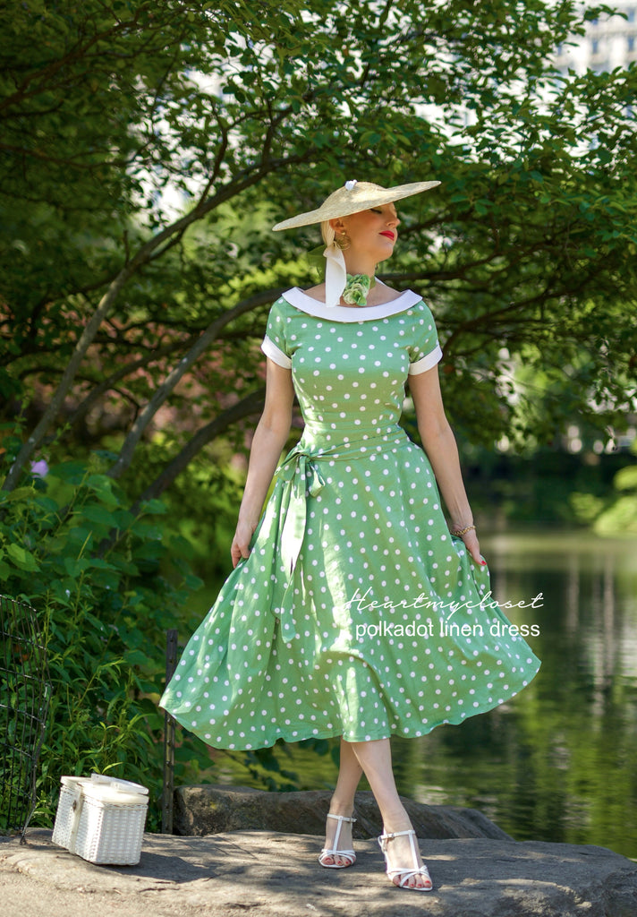 Polkadot green linen swing dress 1950s inspired