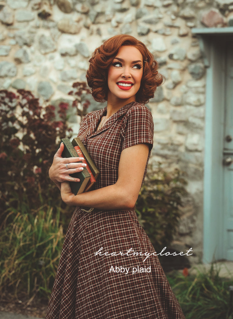 ABBY brown plaid - retro plaid vintage dress 50s custom made - heartmycloset