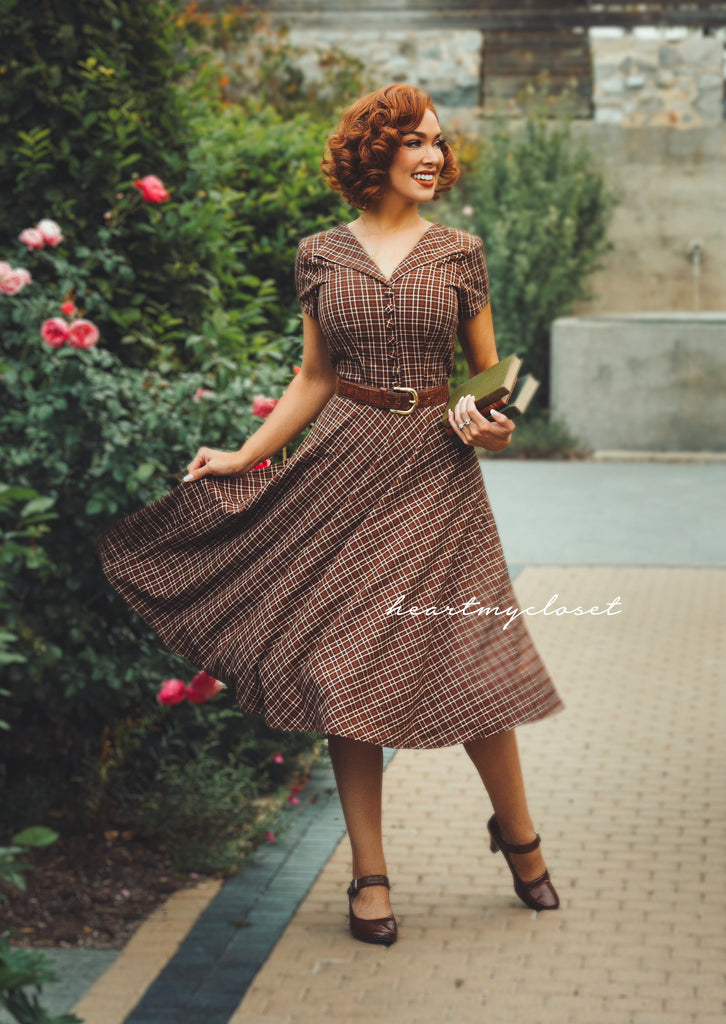 ABBY brown plaid - retro plaid vintage dress 50s custom made - heartmycloset