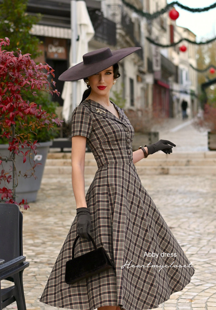 ABBY brown plaid - retro plaid vintage dress 50s custom made