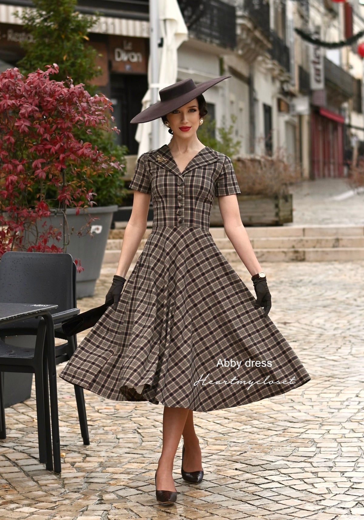 ABBY brown plaid - retro plaid vintage dress 50s custom made - heartmycloset