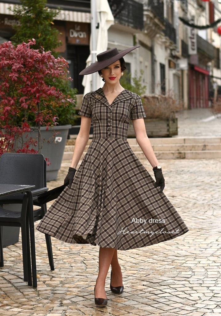 ABBY brown plaid - retro plaid vintage dress 50s custom made