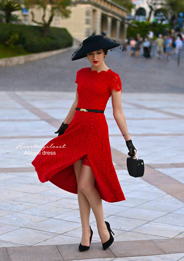 Abigail- red lace dress with pearl buttons (no belt)