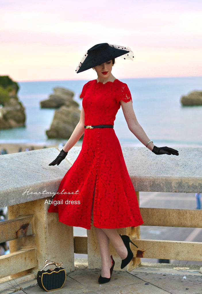 Abigail- red lace dress with pearl buttons (no belt) – heartmycloset Abigail- red lace dress with pearl buttons (no belt) – heartmycloset