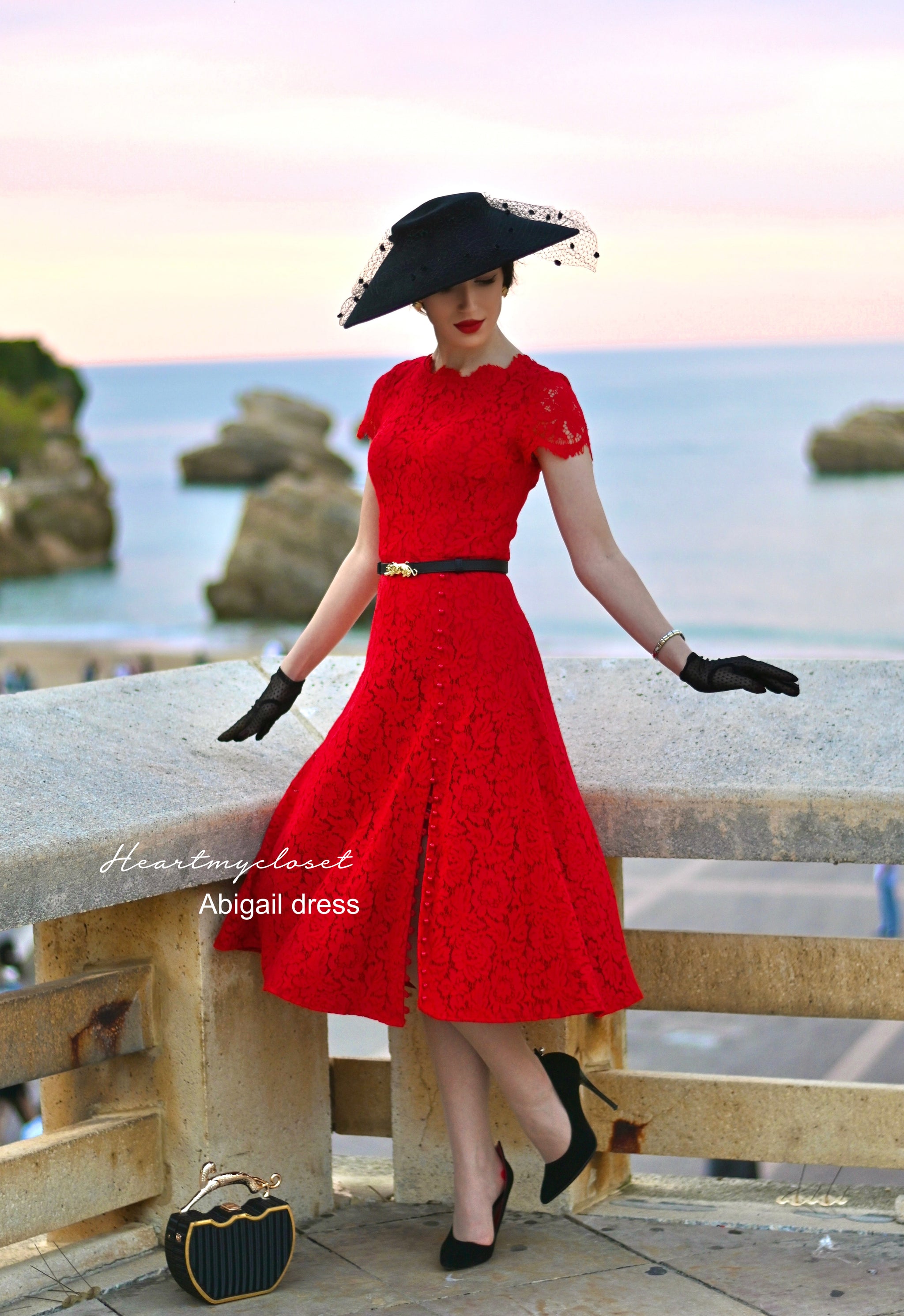 Abigail- red lace dress with pearl buttons (no belt) – heartmycloset