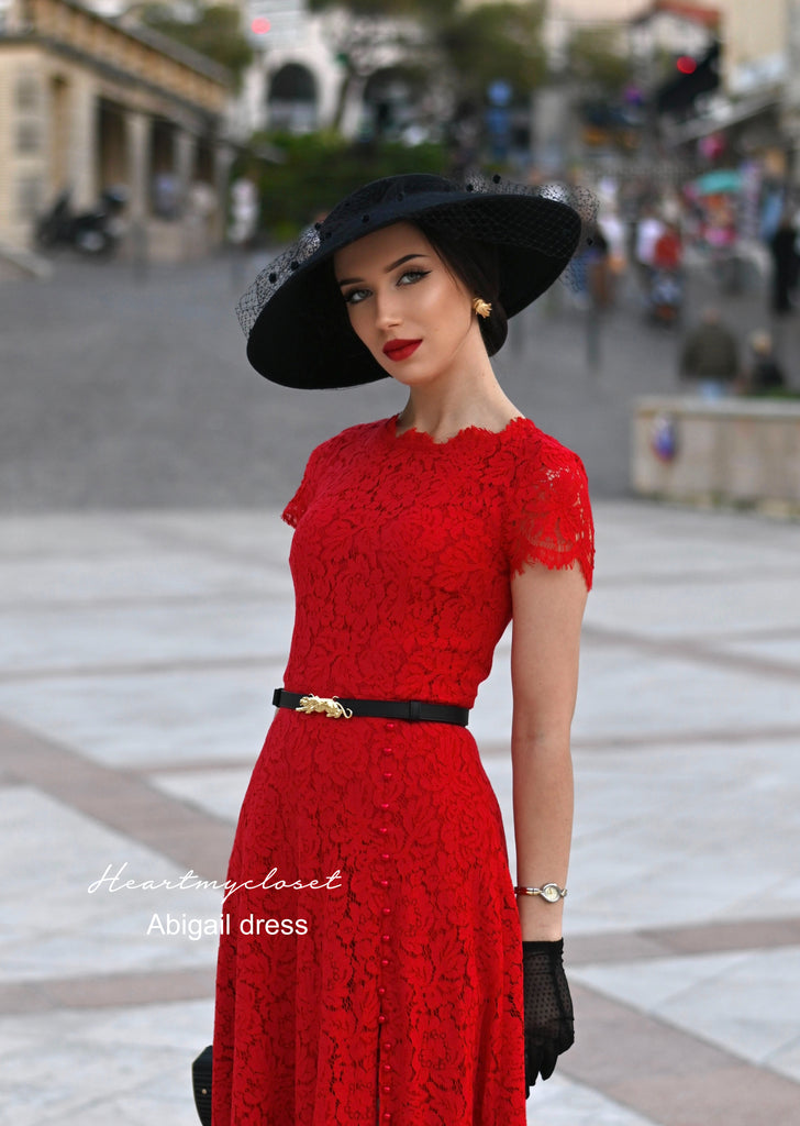 Abigail- red lace dress with pearl buttons (no belt)