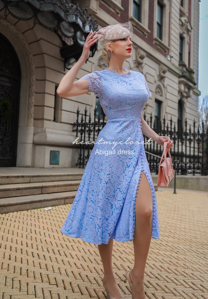 Abigail lace- baby blue lace dress with pearl buttons