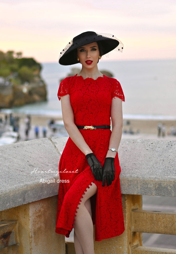 Abigail- red lace dress with pearl buttons (no belt) - heartmycloset