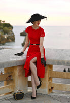 Abigail- red lace dress with pearl buttons (no belt) - heartmycloset