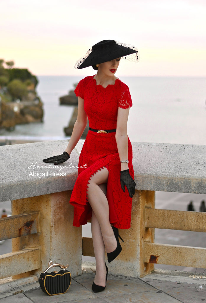 Abigail- red lace dress with pearl buttons (no belt)