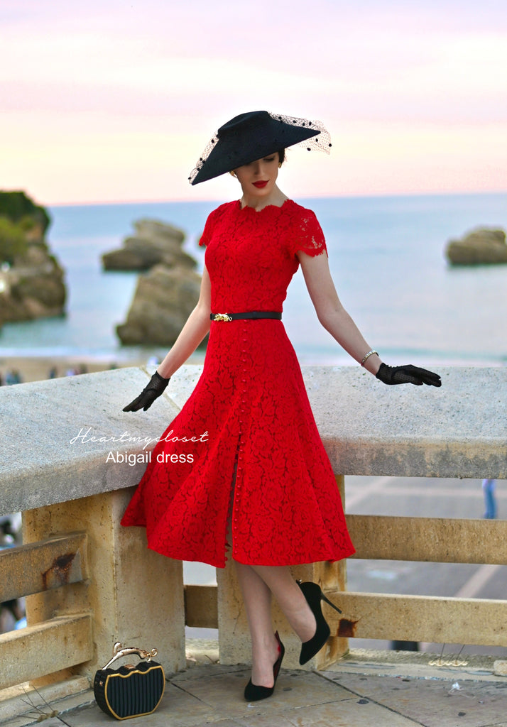 Abigail- red lace dress with pearl buttons (no belt)